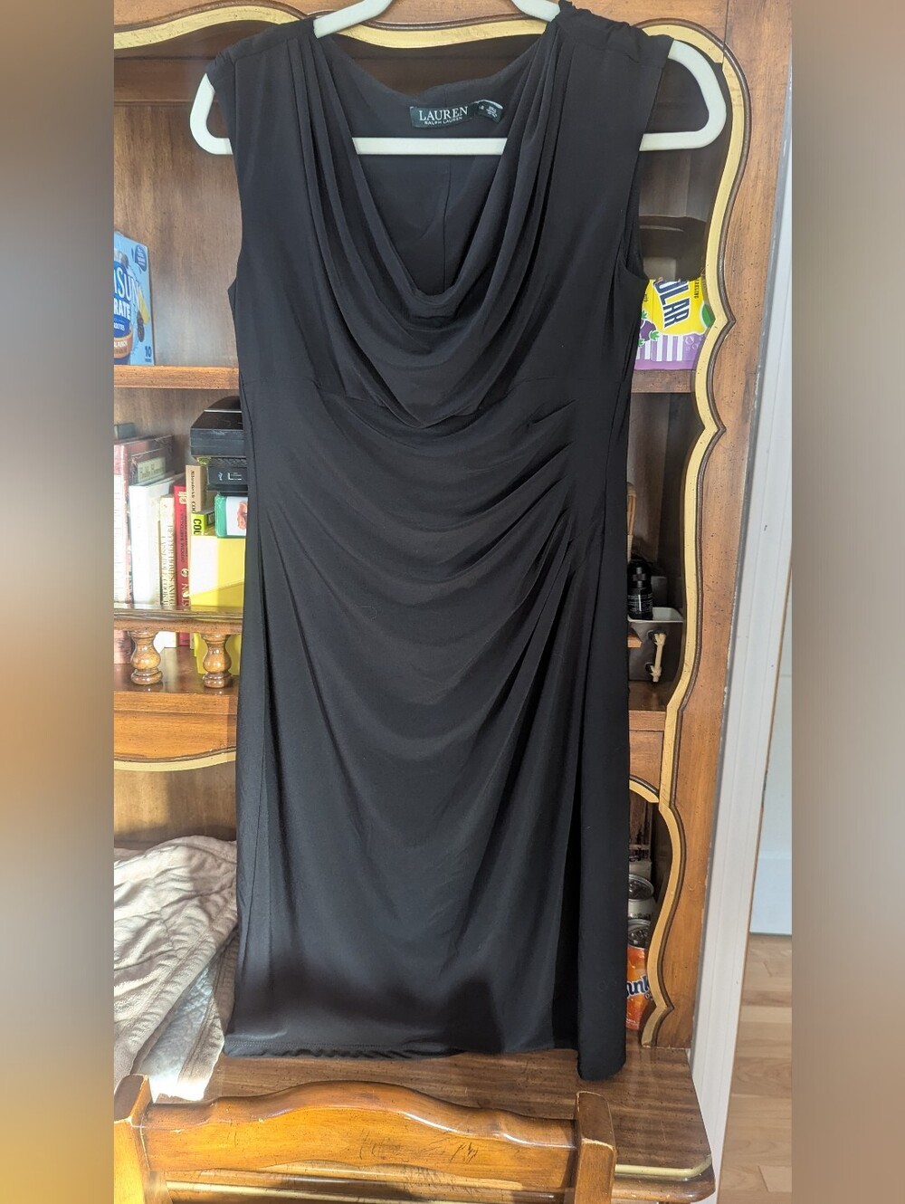 Ralph Lauren Black Sleeveless Midi Dress with Draped Cowl
